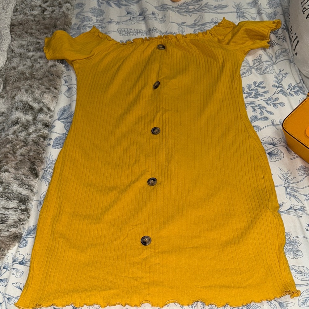 Yellow Off-Shoulder Button-Down Dress ONLY